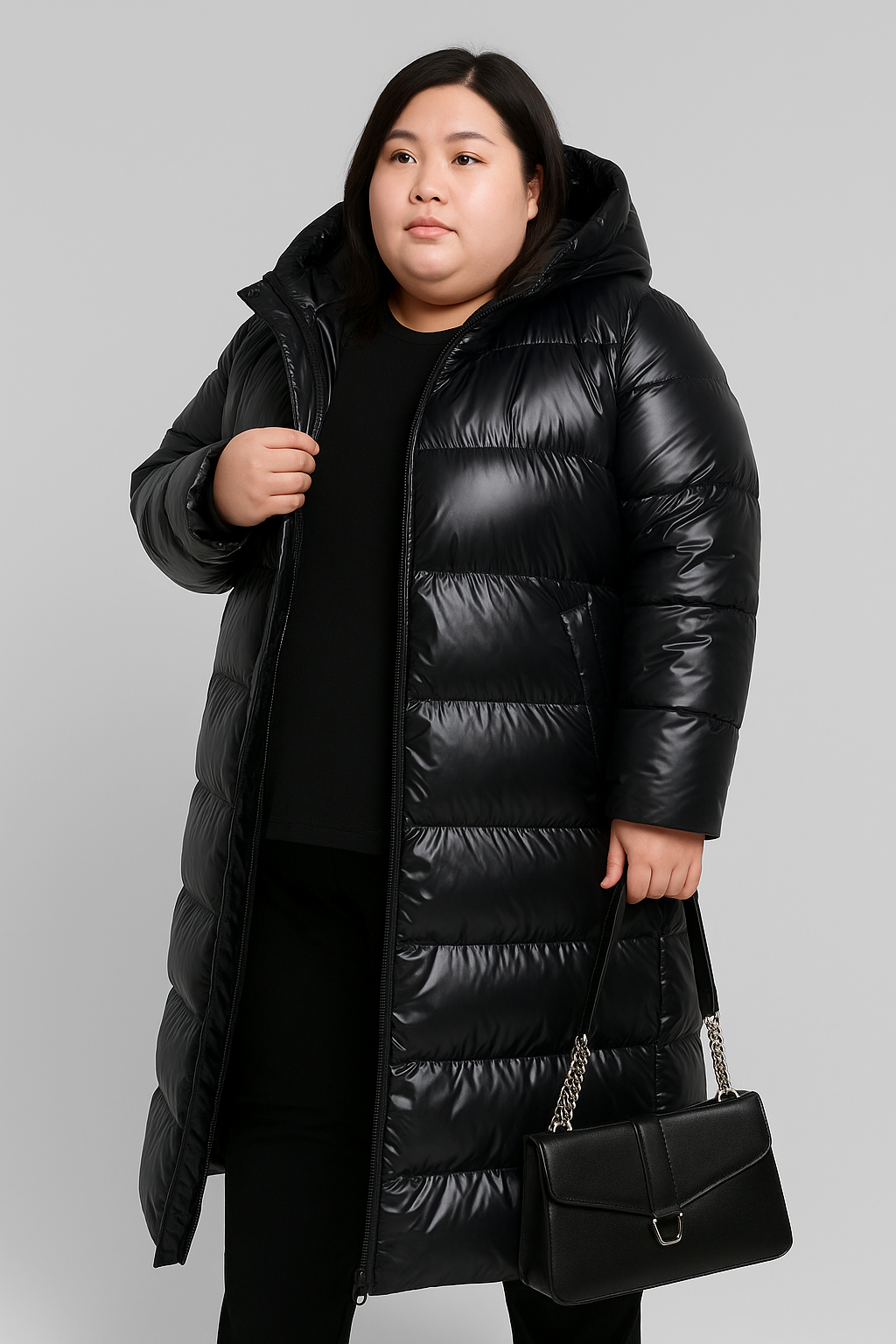 Elegant Glossy Black Down Coat