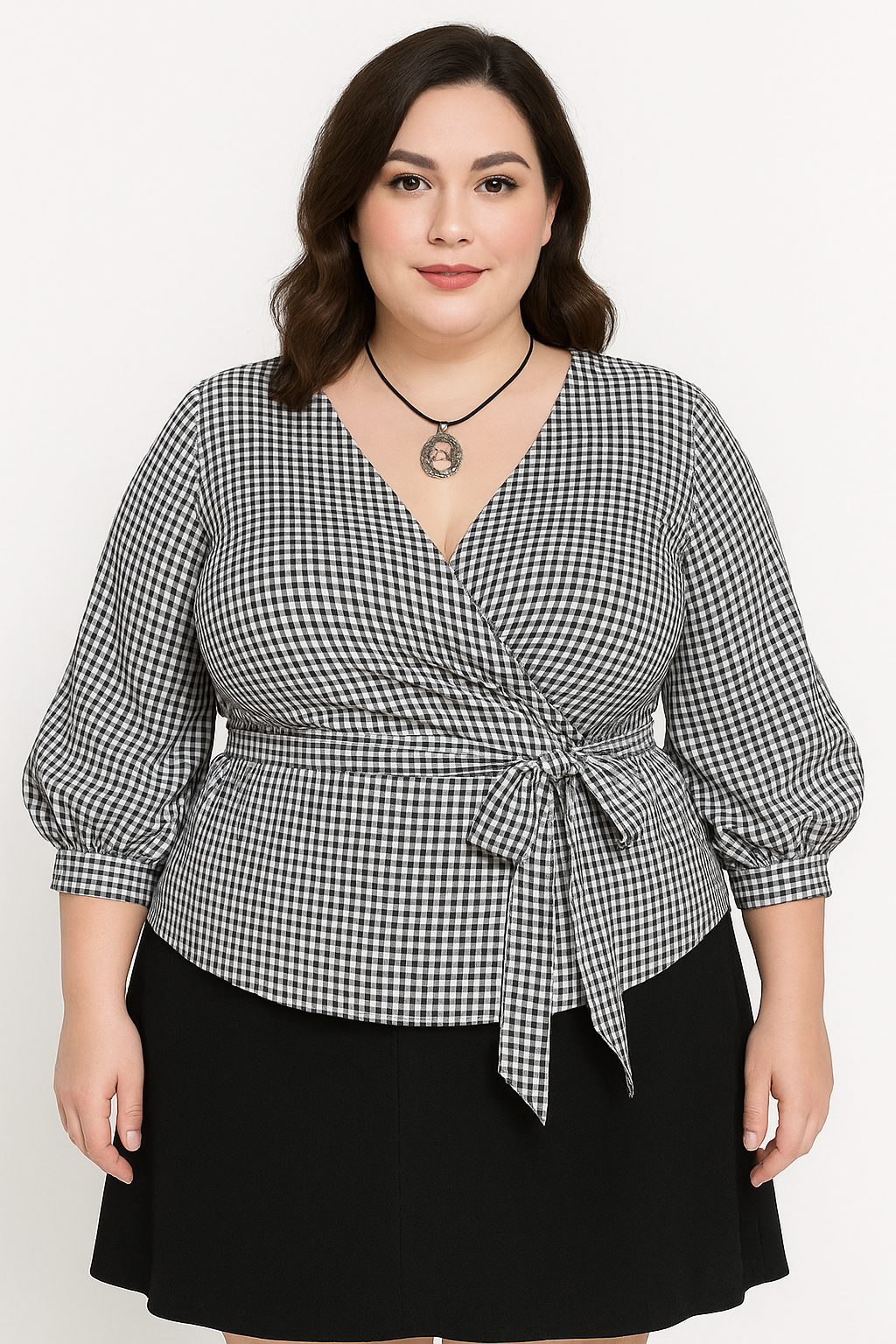 Plaid Wrap Bow Blouse – Puff Sleeve Shirt
