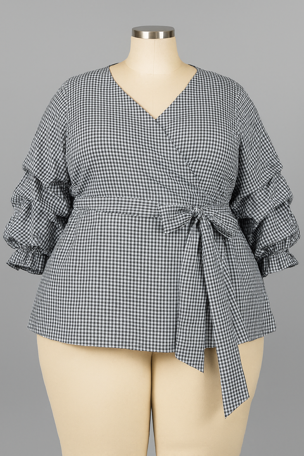 Plaid Wrap Bow Blouse – Puff Sleeve Shirt